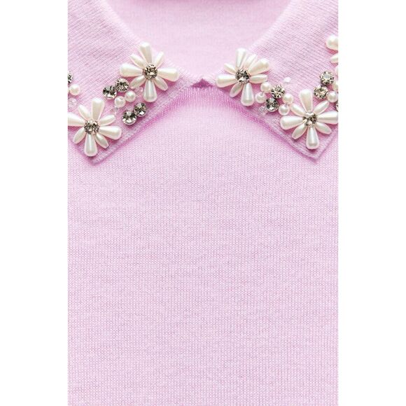 Purple Lilac Zara Pointed Jewel Rhinestone Bead Embellished Collar Knit Sweater - Picture 5 of 7